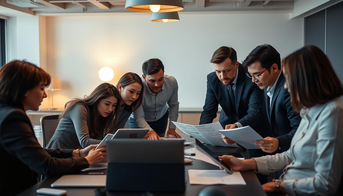 A modern office workspace with a group of professionals gathered around a table, examining various digital devices and documents. Soft, diffused lighting from overhead and floor lamps creates a warm, productive atmosphere. The scene features a mix of laptop computers, tablets, and physical files, suggesting a collaborative effort to analyze data and strategize. The team members are dressed in business attire, leaning in with focused expressions, conveying a sense of serious deliberation over the "group buy model" under discussion.