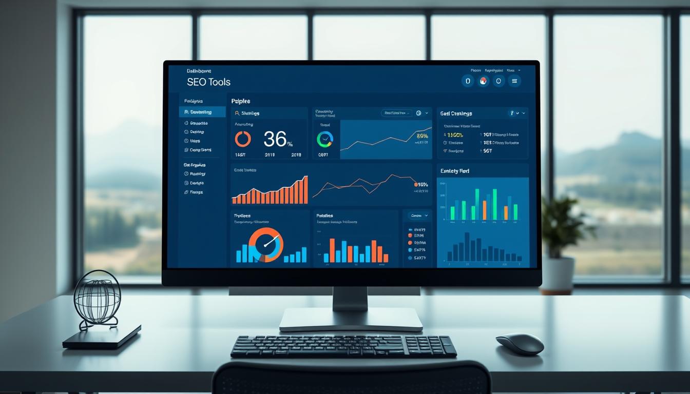 A modern, sleek SEO tools dashboard presented in a well-lit, minimalist office setting. The foreground features a large, high-resolution computer monitor displaying various SEO metrics and analytics. The middle ground showcases a clean, organized workspace with a keyboard, mouse, and other essential accessories. The background has a soft, blurred landscape with natural lighting filtering through large windows, creating a calm and productive atmosphere. The overall composition conveys the importance and utility of SEO tools in optimizing online presence and driving business growth.