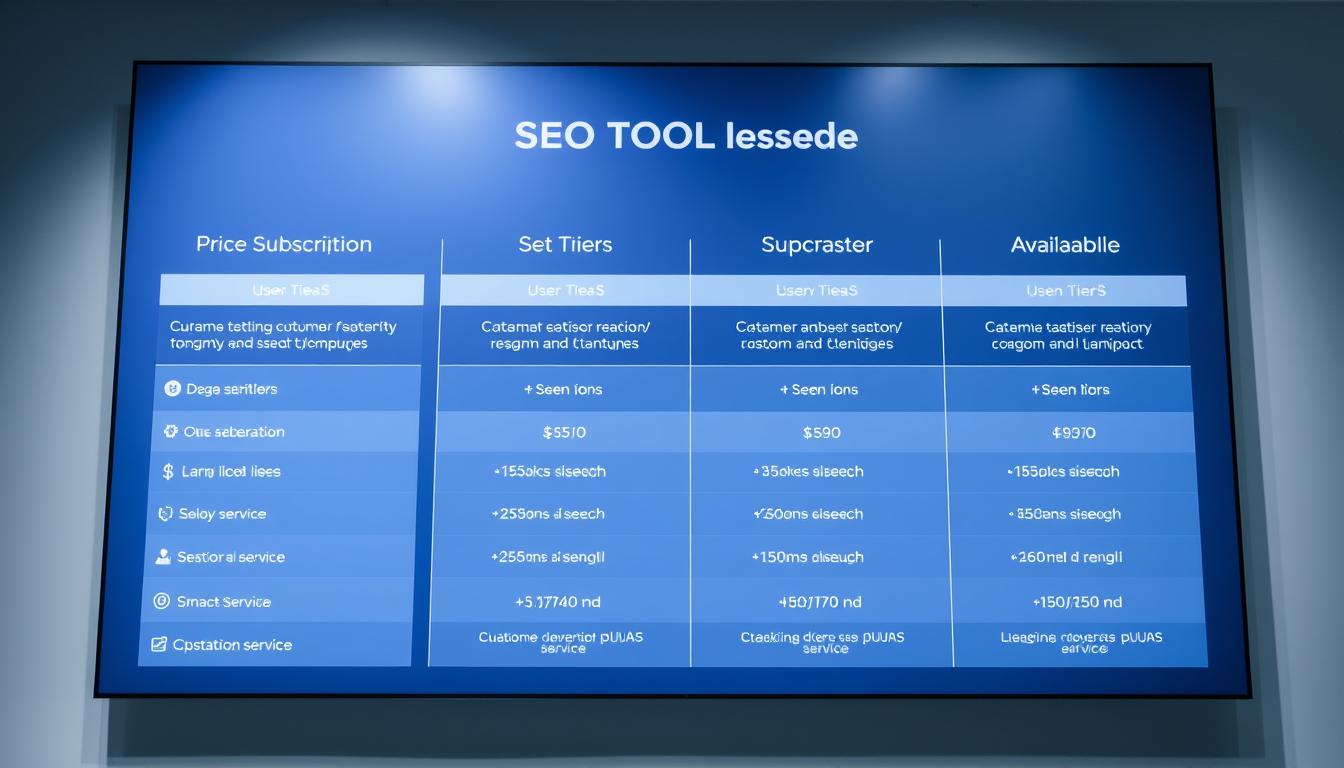 A modern, sleek digital display showcasing a comprehensive comparison of pricing and support features for leading SEO tool suites. The foreground features clean, minimalist UI elements highlighting key metrics like monthly subscription costs, user tiers, and customer service availability. The middle ground depicts simplified product icons, while the background maintains a subtle, gradient-based color scheme to maintain focus on the data visualization. Lighting is soft and diffused, creating a professional, high-tech ambiance. The camera angle is positioned slightly above center, conveying a sense of authority and expert-level analysis.
