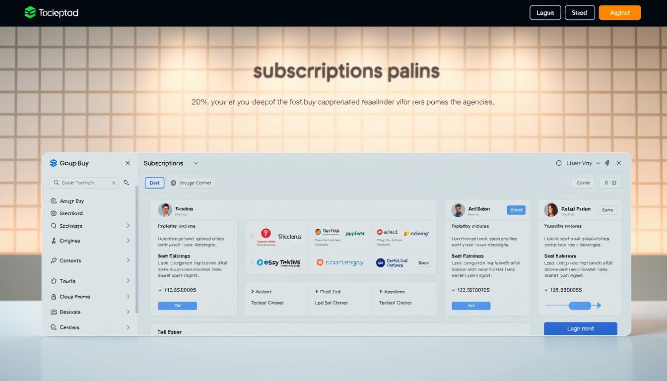 A modern, sleek group buy platform interface showcasing various subscription plans and features. In the foreground, a minimalist dashboard with clean typography, intuitive controls, and customizable user profiles. The middle ground features a carousel of testimonials and client logos, highlighting the platform's trustworthiness. In the background, a subtle grid pattern and soft, warm lighting create a professional, inviting atmosphere. The overall design is elegant, user-friendly, and conveys the platform's ability to streamline shared tool subscriptions for agencies.