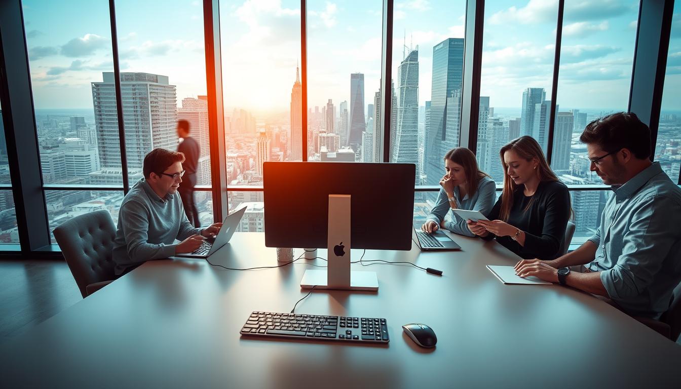 A modern, sleek office interior with large windows overlooking a bustling city skyline. The room is bathed in warm, natural light that filters through the glass. In the foreground, a group of people are collaboratively working on laptops and tablets, their faces animated as they discuss and share ideas. The middle ground features a clean, minimalist desk setup with a high-resolution monitor, keyboard, and mouse, conveying a sense of reliable, high-quality access to digital tools. The background showcases a panoramic view of the cityscape, suggesting a sense of connectivity and opportunity. The overall atmosphere is one of productivity, efficiency, and a seamless digital experience.