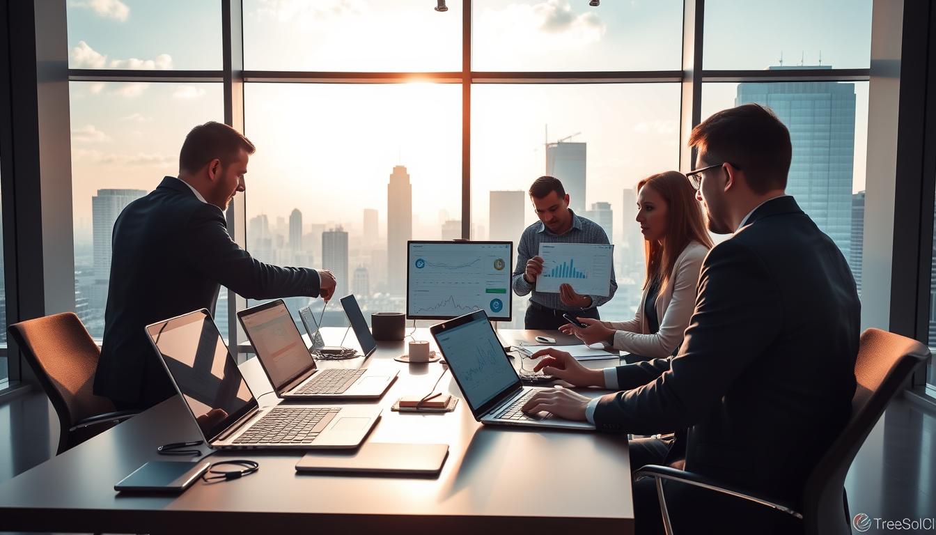 A modern, sleek office interior with large windows overlooking a cityscape. In the foreground, a sophisticated desk setup with multiple high-end laptops and tablets, all seamlessly connected and synced. The middle ground features a team of professionals collaborating on SEO strategies, their faces animated as they review cloud-based analytics dashboards. The background showcases the cityscape beyond, with skyscrapers and a vibrant, sun-drenched skyline. The lighting is warm and natural, creating a sense of productivity and efficiency. The overall mood is one of innovation, technology, and empowerment in the world of cloud-based SEO tools.