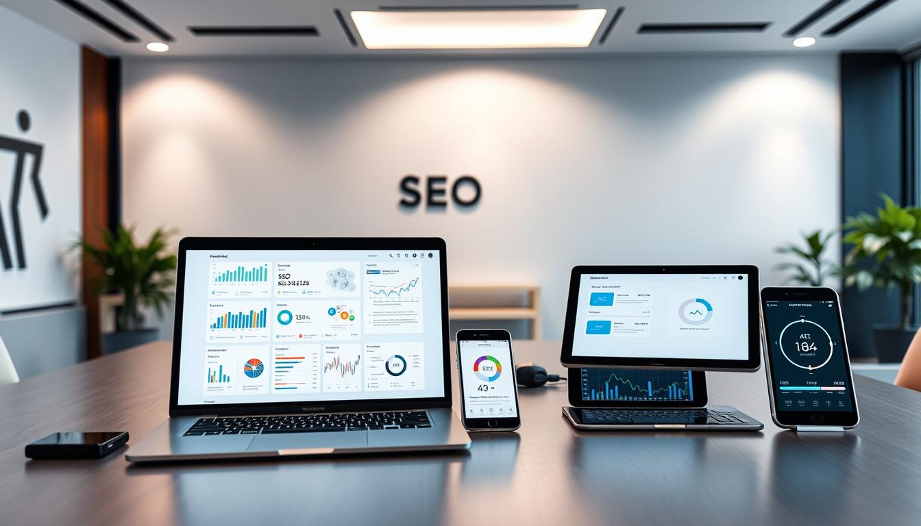 A modern, sleek office setting with a large desk featuring an array of digital devices and tools. In the foreground, a laptop screen displays a visually engaging dashboard integrating various SEO and AI analytics. The middle ground showcases several smart devices, including a tablet and smartphone, each showcasing different SEO metrics and AI-powered insights. The background features a minimalist wall with subtle branding, creating a professional and tech-savvy atmosphere. Soft, directional lighting illuminates the scene, highlighting the sophisticated technology at hand. The overall impression conveys the seamless integration of advanced SEO and AI tools, empowering today's digital marketer. Alt-text: SEO and AI tools integration