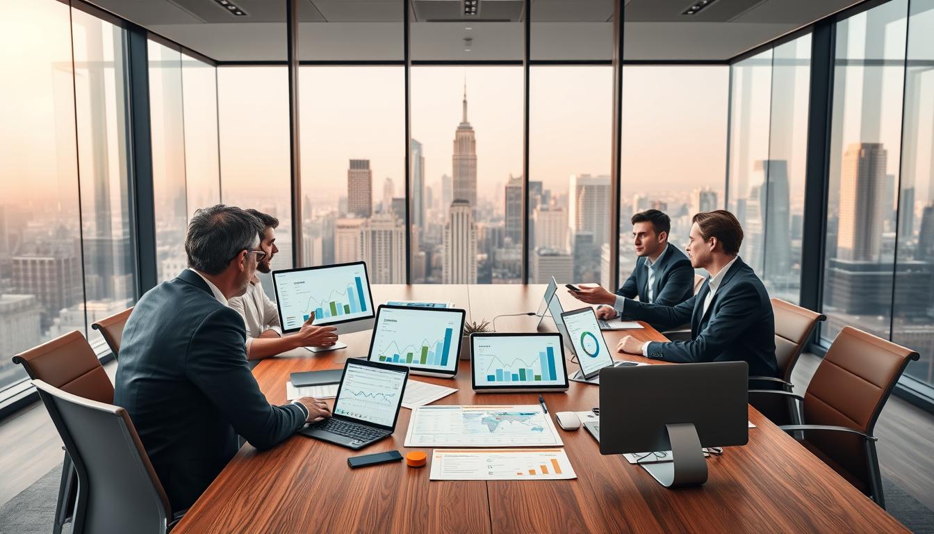 A modern, sleek office setting with an array of digital devices and SEO analytics tools prominently displayed on a large, wooden conference table. The lighting is soft and warm, creating a productive and collaborative atmosphere. In the foreground, a group of professionals in business attire are engaged in an animated discussion, gesturing towards the tools and charts on the table. The background features floor-to-ceiling windows overlooking a bustling city skyline, symbolizing the global reach and potential of the SEO tools. The overall scene conveys a sense of innovation, efficiency, and the power of collaborative problem-solving in the world of digital marketing.