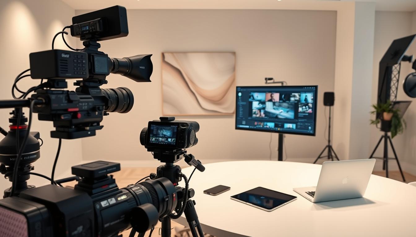 A modern, sleek workspace with a professional-grade video production setup. In the foreground, an array of high-end cameras, lighting equipment, and video editing software displayed on a large curved monitor. In the middle ground, a minimalist desk with a laptop, tablet, and other video generation tools. The background features a neutral-toned wall with abstract art, creating a stylish and inspiring atmosphere for digital marketers to harness the power of video content.