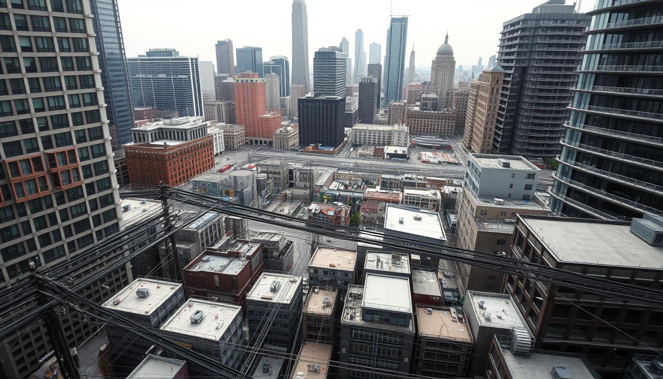 A modern urban landscape, captured through a wide-angle lens, reveals the intricate web of site constraints faced by city planners. In the foreground, a tangle of utility lines, zoning regulations, and property boundaries create a visual tapestry of limitations. The middle ground showcases the fragmented nature of available land, with small, irregularly shaped parcels dotting the scene. In the background, towering skyscrapers and historic buildings stand as reminders of the need to balance progress with preservation. Muted tones of concrete, steel, and glass convey a sense of pragmatic complexity, while subtle shadows and highlights emphasize the three-dimensional challenges of urban development. This image captures the essence of "site constraints" - the multifaceted factors that shape and constrain the built environment. site constraints