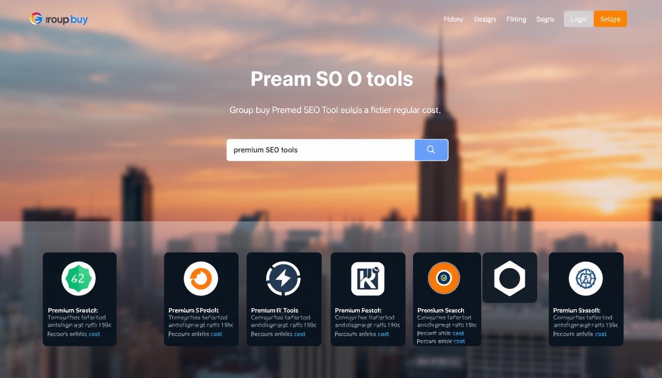 A modern, well-designed group-buy platform showcasing a grid of premium SEO tools. The foreground features several app icons and logos, each with a brief description. The middle ground shows a clean, minimalist interface with a prominent search bar and filtering options. The background depicts a soft, blurred cityscape with skyscrapers and a sunset sky, creating a professional and aspirational atmosphere. Lighting is natural, with a warm, inviting glow. The camera angle is slightly elevated, conveying a sense of authority and expertise. Overall, the image conveys the advantages of a group-buy model - access to high-quality SEO tools at a fraction of the regular cost. group-buy platform