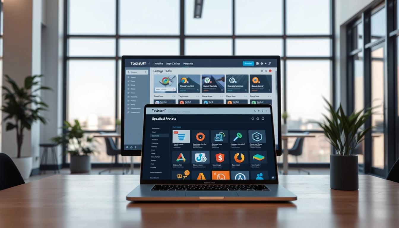 A modern, well-lit workspace showcasing the intuitive interface of Toolsurf.com, a cloud-based platform for accessing a comprehensive collection of specialized tools. In the foreground, a sleek laptop displays the Toolsurf dashboard, with various tool icons neatly organized. In the middle ground, a high-resolution monitor showcases the platform's detailed tool coverage and subscription plans. The background features a minimalist, serene office setting with large windows, allowing natural light to flood the scene and create a sense of openness and productivity. The overall atmosphere exudes professionalism, efficiency, and a seamless user experience. toolsurf access tools