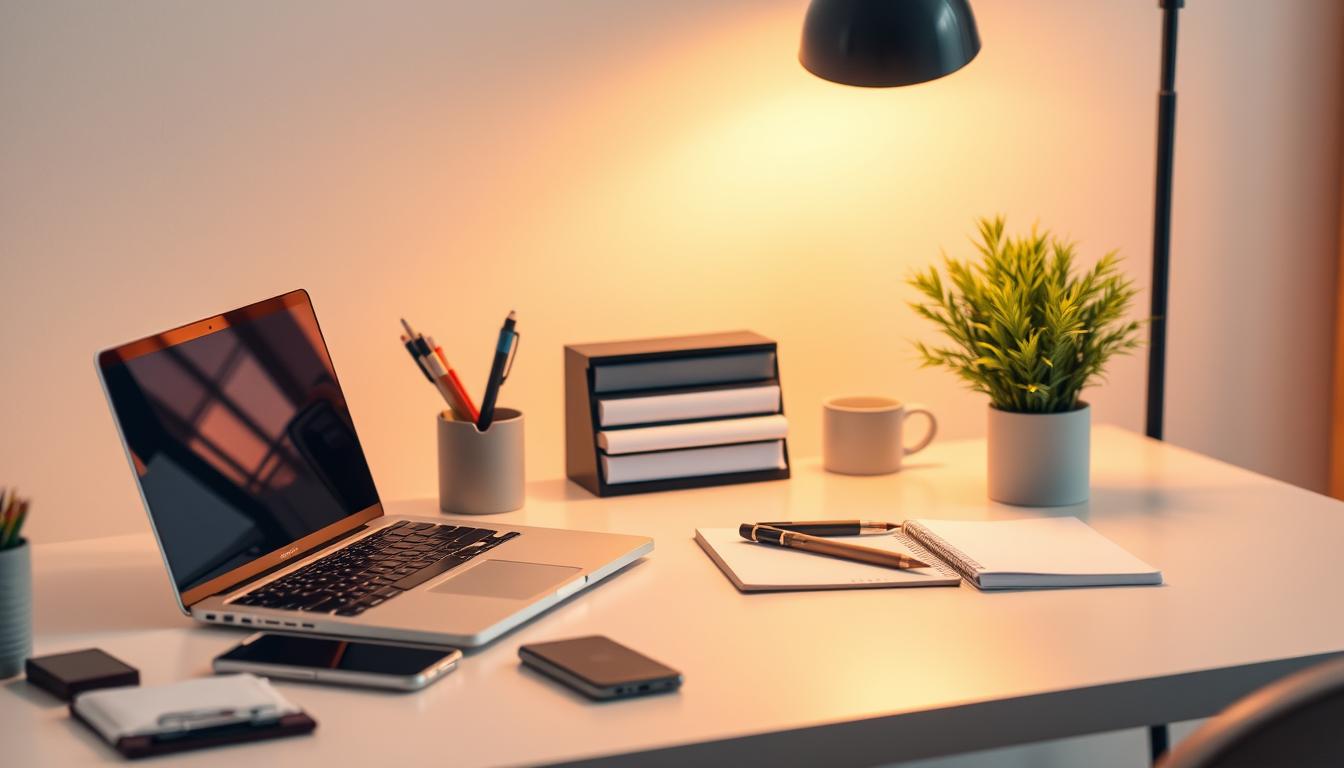 A neatly arranged composition of cost-efficient digital marketing tools, including a laptop, smartphone, and various office supplies on a minimalist desk against a soft, blurred background. Warm, directional lighting creates depth and highlights the tools, conveying a sense of productivity and strategic planning. The scene exudes a professional, yet approachable atmosphere, showcasing the practical and accessible nature of SEO group buy platforms in India.