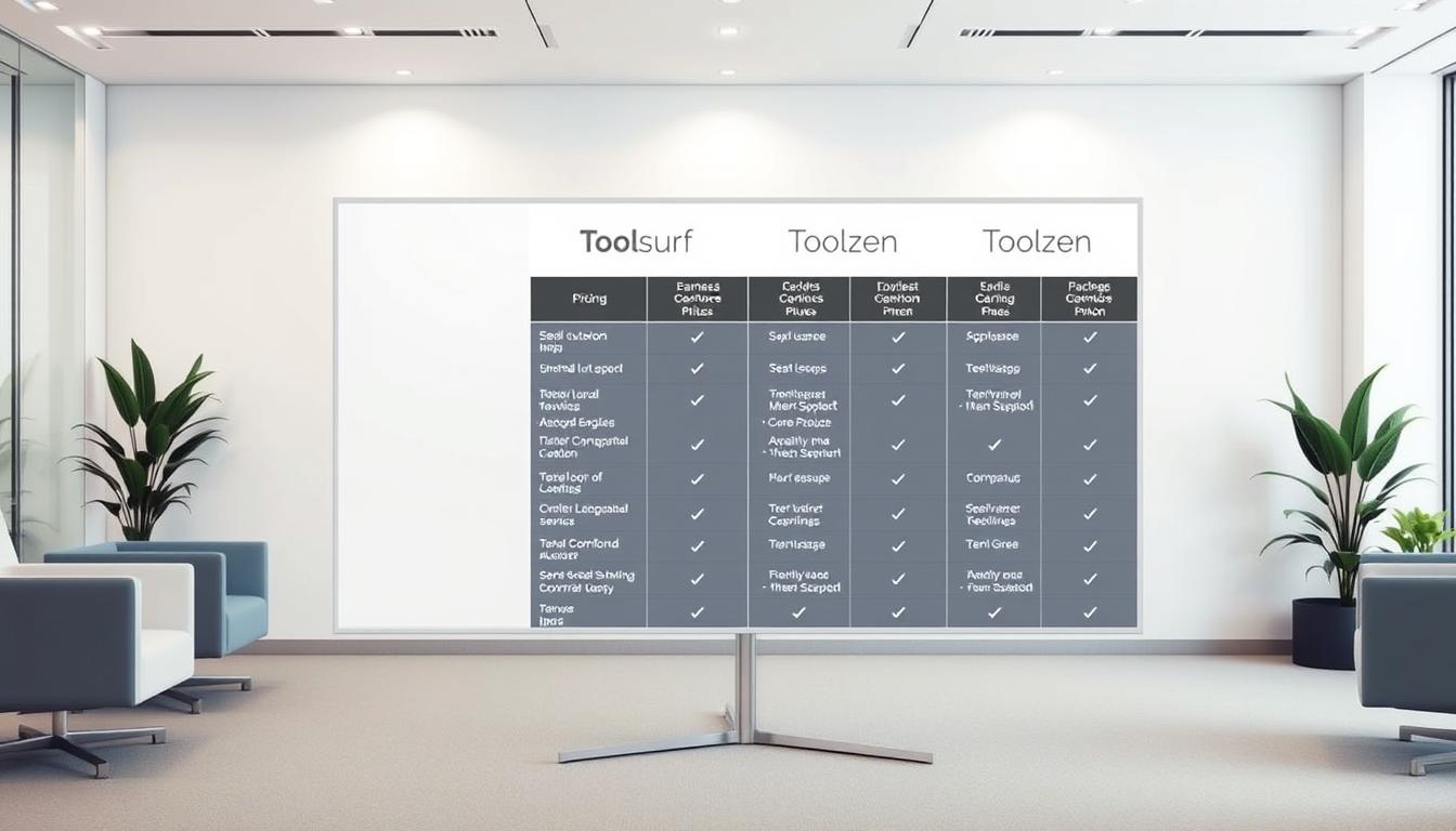 A neatly arranged grid display showcasing a side-by-side comparison of the pricing and package options for Toolsurf and Toolzen SEO services. The scene is set in a modern, minimalist office environment with clean lines, soft lighting, and neutral tones. The display features detailed product information, clearly highlighting the key features, benefits, and cost breakdowns for each solution. The overall atmosphere conveys a sense of professionalism, clarity, and analytical decision-making, perfectly suited for the "Comparative Analysis: Toolsurf vs. Toolzen Pricing and Packages" section of the article. Prompt