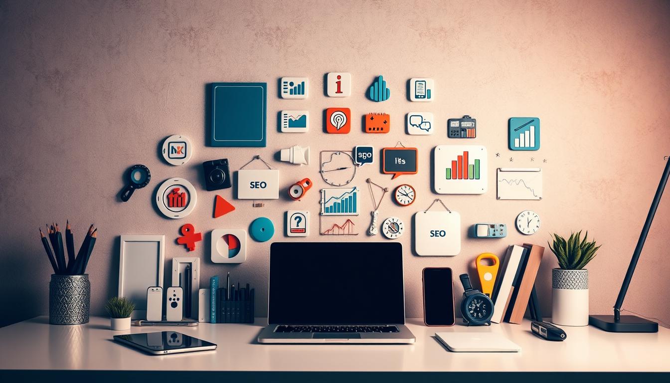 A neatly organized array of diverse digital marketing tools, including a laptop, smartphone, tablet, and various icons representing SEO, social media, analytics, and other key functionalities. The scene is illuminated by a warm, diffused lighting, creating a professional, yet approachable atmosphere. The tools are arranged on a sleek, minimalist desk against a subtly textured, neutral background, allowing the focus to remain on the diverse array of marketing solutions. The composition emphasizes the interconnectivity and synergy of these tools, reflecting the "Diverse SEO and Marketing Tools Offered" section of the article.