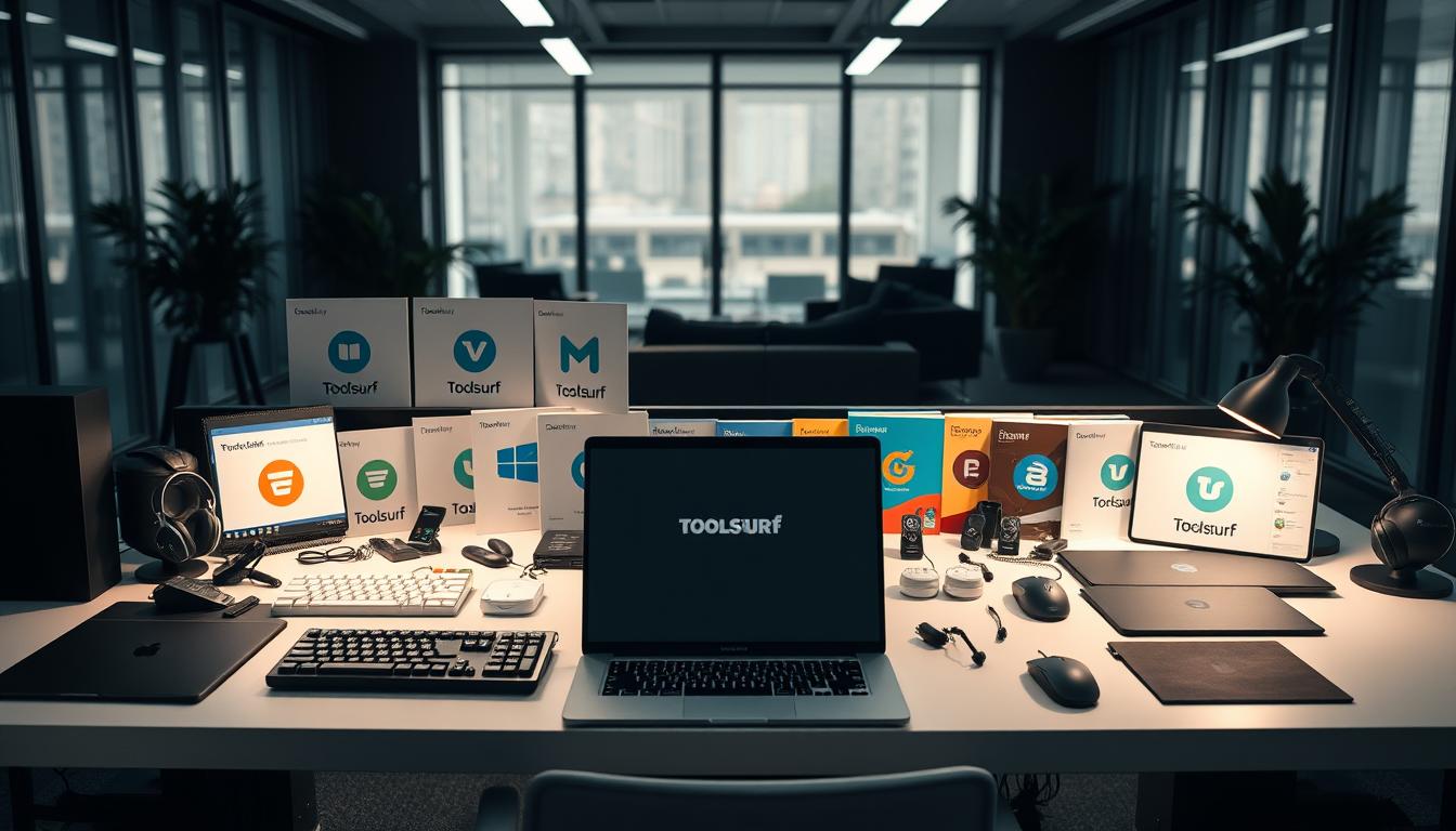A neatly organized array of premium software tools and utilities on a sleek, modern workbench. Soft, directional lighting illuminates the collection of high-quality keyboards, mice, headphones, and other productivity accessories. The foreground features the central focus, a state-of-the-art laptop with a clean, minimalist design. The middle ground showcases various software packages, all prominently displaying the "Toolsurf" brand logo. In the background, a sophisticated office setting with floor-to-ceiling windows provides a professional, aspirational ambiance. The overall scene conveys a sense of efficiency, quality, and the premium nature of Toolsurf's group buy service. "premium group buy service tools"