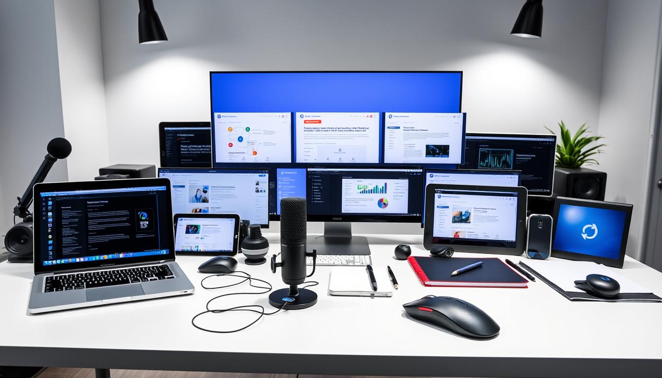 A neatly organized collection of diverse SEO and AI writing tools, meticulously displayed on a sleek, modern desk. The foreground showcases the key items - a stylish laptop, a high-quality microphone, and an array of intuitive software interfaces. The middle ground features additional accessories like a tablet, a notebook, and an ergonomic mouse, all in a harmonious color palette. The background subtly suggests a minimalist, well-lit office setting, with just enough detail to establish context without distracting from the main focus. Crisp lighting from multiple angles highlights the premium quality and functionality of the tools, conveying a sense of efficiency and professionalism. The overall scene exudes a balanced, sophisticated atmosphere, perfectly suited to illustrate the comprehensive range of SEO, AI writing, and video tools available. Alt-text: SEO and AI tools collection