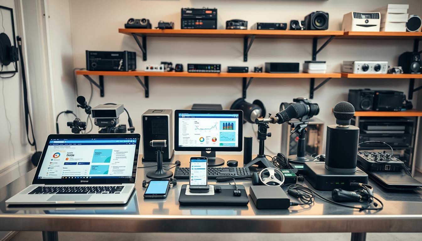 A neatly organized collection of essential SEO and AI tools, arranged on a sleek, metal workbench. Soft, directional lighting illuminates the various devices, cables, and accessories, creating a professional, technological atmosphere. In the foreground, a laptop, tablet, and smartphone display intuitive user interfaces, showcasing the digital nature of these powerful tools. The middle ground features an array of devices like a microphone, camera, and external hard drive, hinting at the diverse capabilities of the available tools. In the background, shelves hold additional hardware and software, suggesting a comprehensive suite of solutions for the modern digital marketer. The overall composition conveys a sense of efficiency, productivity, and the seamless integration of technology in the world of SEO and AI-driven marketing. tools available