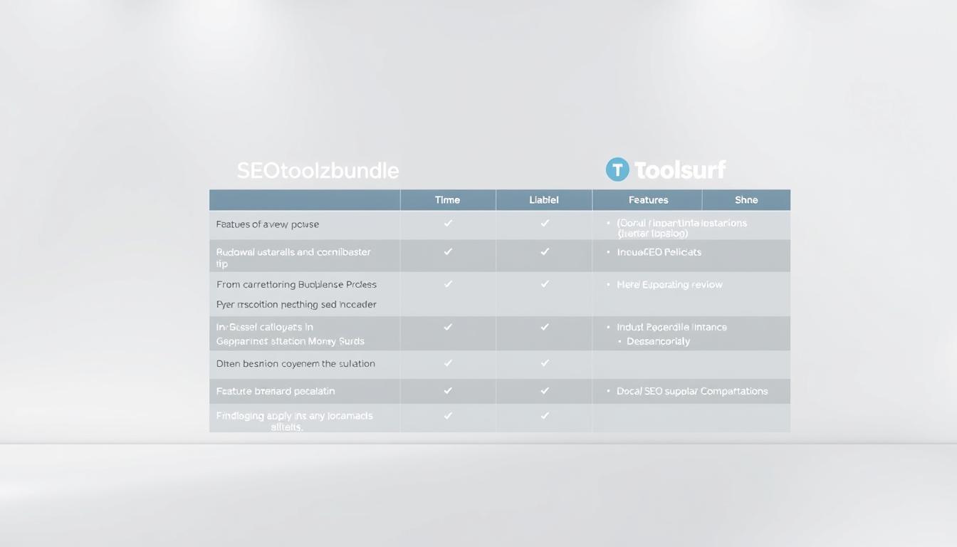 A neatly organized comparison chart showcasing the key features and capabilities of SEOtoolzbundle and Toolsurf, two leading SEO tool suites. The chart is set against a clean, minimalist backdrop with soft, evenly-distributed lighting, allowing the data to take center stage. The chart itself features sharp, high-contrast typography and carefully-selected icons, creating a visually-appealing and informative display. The overall mood is one of professionalism and utility, reflecting the subject matter and serving as a valuable resource for the reader.