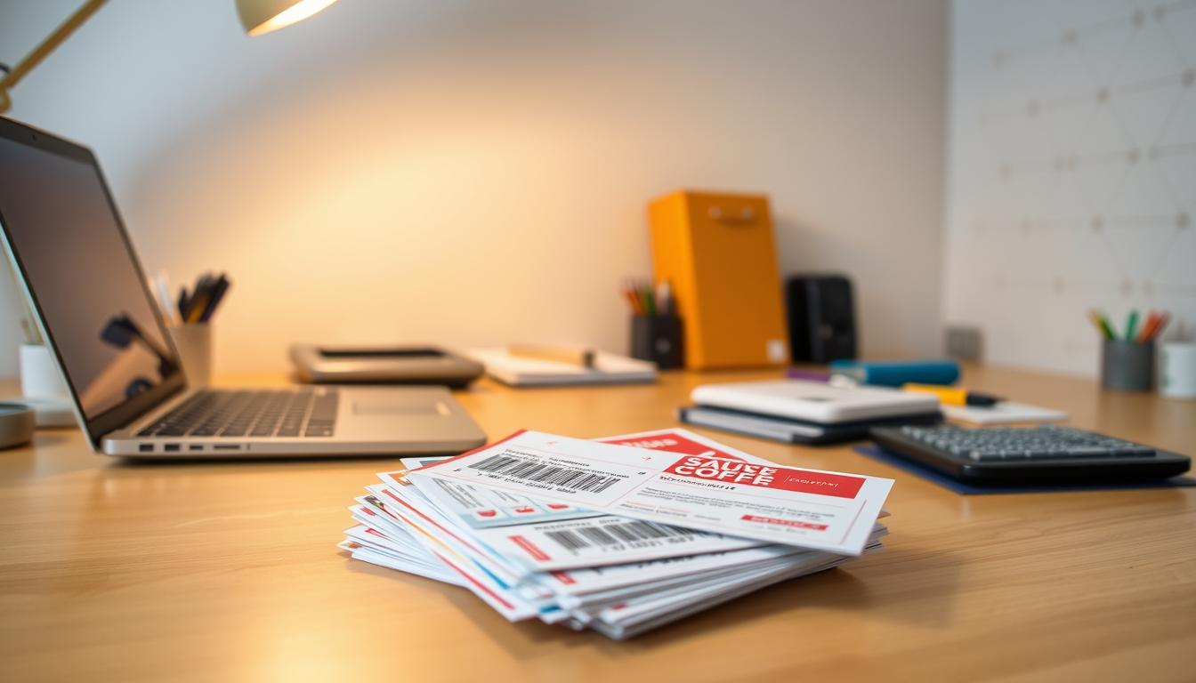 A neatly organized desk with a laptop, calculator, and various office supplies. The desk is illuminated by a warm, focused light, casting subtle shadows that add depth and dimension. In the foreground, a stack of colorful discount codes and promotional offers are arranged in a visually appealing manner, hinting at the potential savings. The background features a clean, minimalist wall with a simple, geometric pattern, creating a sense of balance and focus on the main subject. The overall scene conveys an atmosphere of productivity, efficiency, and financial savvy.