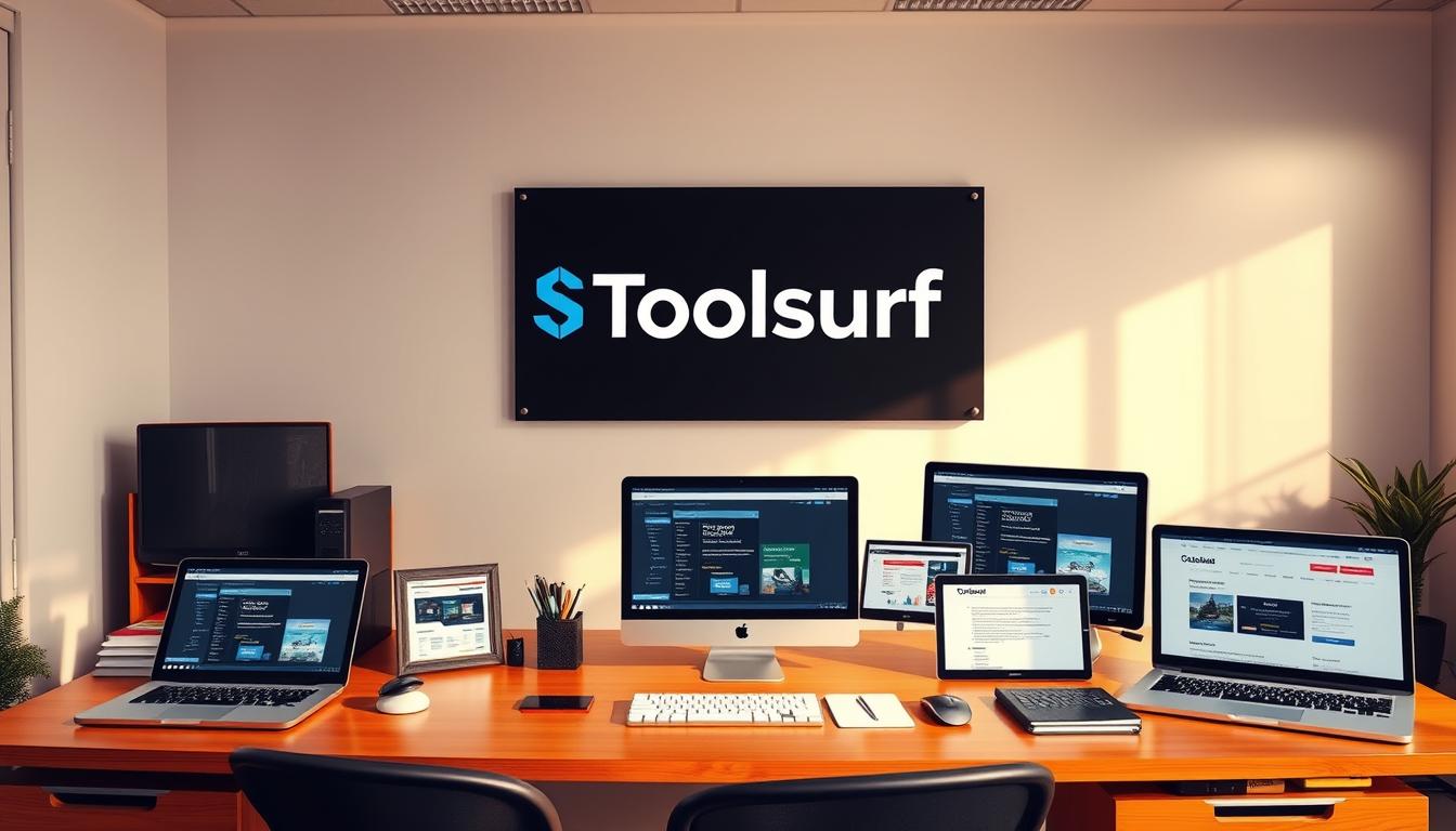 A neatly organized office setting, bathed in soft, warm lighting. On the desk, an array of digital devices and SEO tools, their sleek designs and intuitive interfaces showcasing the affordable and accessible nature of the group buy. In the background, a minimalist wall display features the Toolsurf logo, highlighting its position as a leading provider of top-tier SEO solutions. The overall atmosphere conveys a sense of professionalism, efficiency, and the empowerment that comes with affordable access to powerful digital marketing tools.