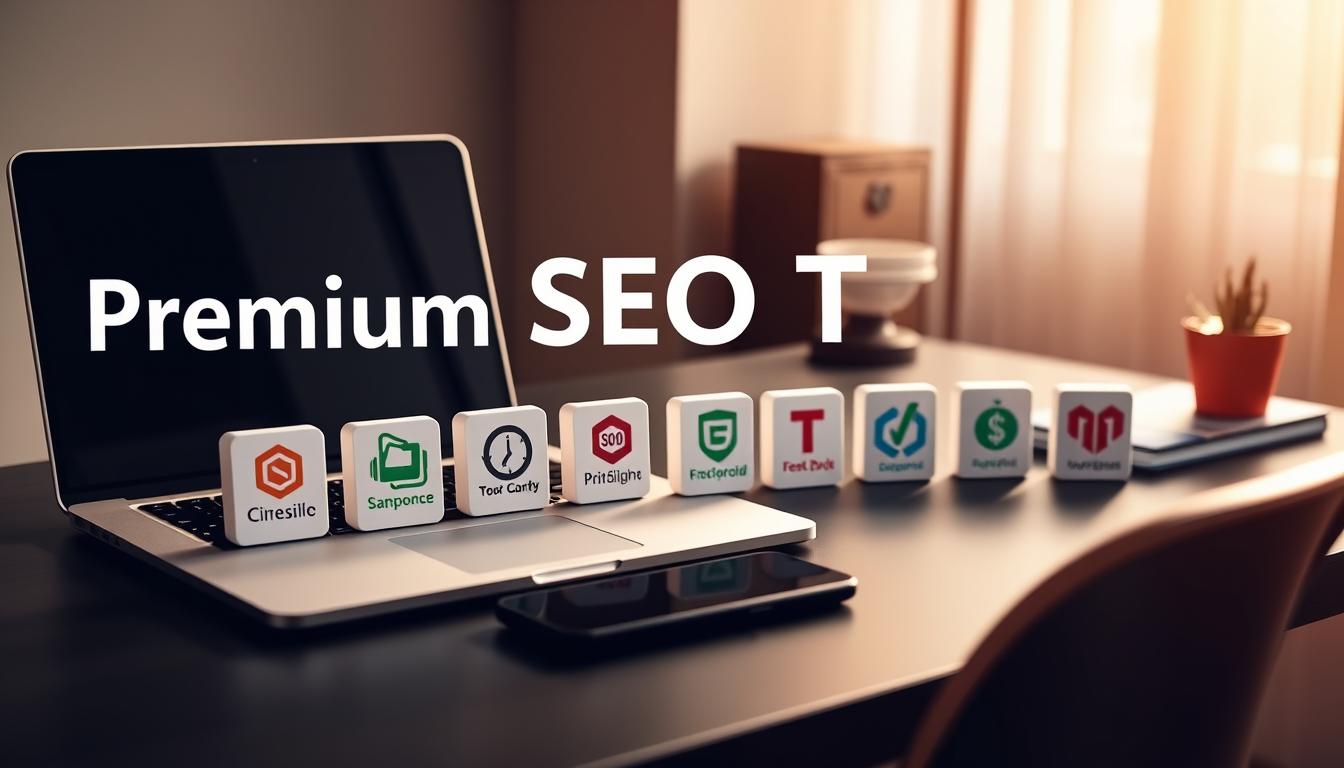 A neatly organized workspace with a laptop, smartphone, and various premium SEO software icons arranged on a sleek, minimalist desk. Warm, directional lighting from the side accentuates the tools, casting subtle shadows and creating a sense of depth. The background is blurred, keeping the focus on the foreground and its high-quality, professional-grade SEO solutions. The overall mood is one of productivity, efficiency, and the power of leveraging top-tier digital marketing tools through a collaborative group buy. premium-seo-tools-group-buy