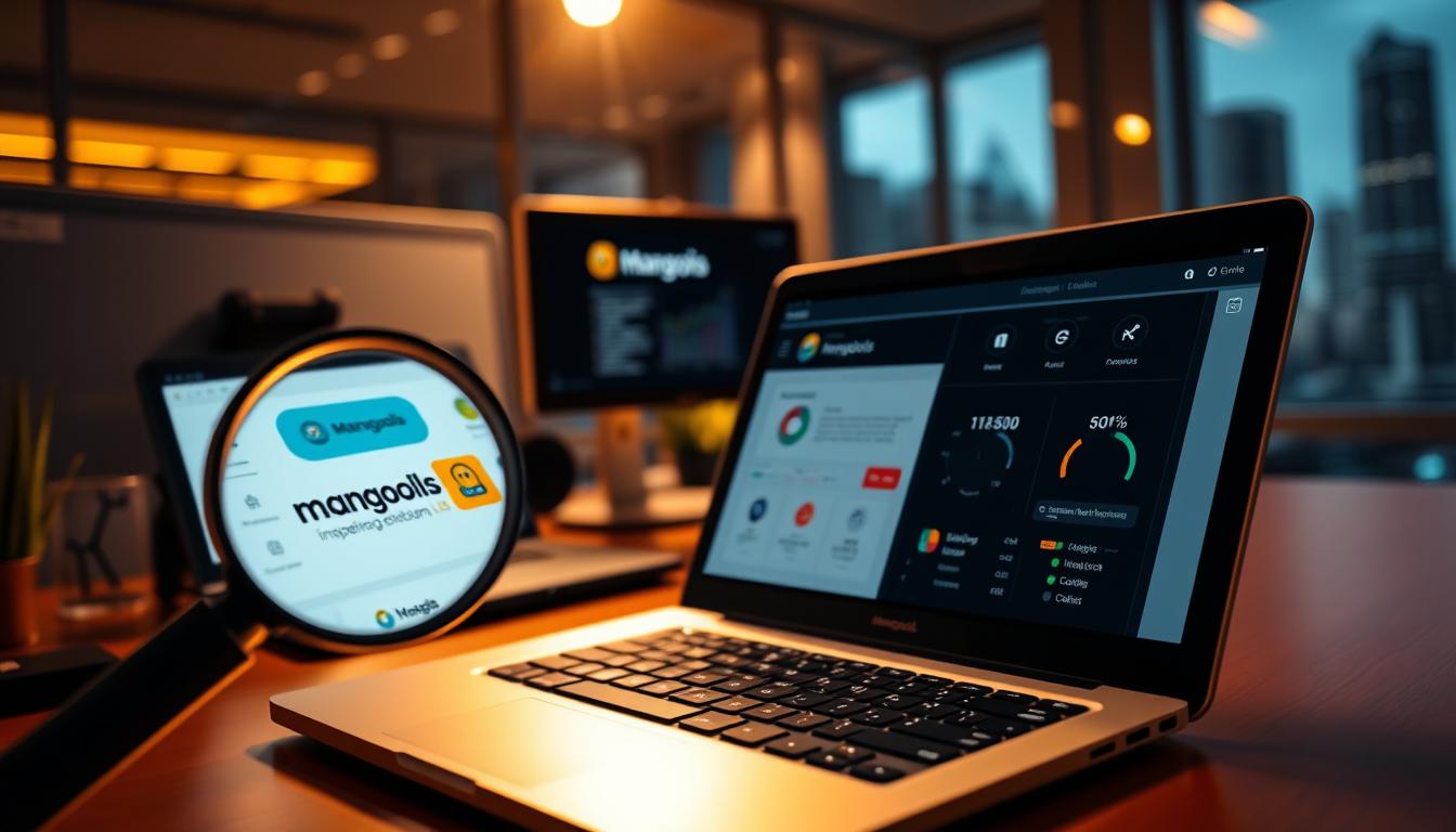 A neatly organized workspace with a sleek laptop, multiple monitors, and a tactile keyboard. The space is illuminated by warm, focused lighting, casting subtle shadows and highlighting the premium quality of the Mangools branding and interface. In the foreground, a magnifying glass reveals intricate details of the Mangools dashboard, showcasing its intuitive design and powerful features. The background features a blurred cityscape, conveying a sense of productivity and professional focus. The overall atmosphere is one of efficiency, sophistication, and the value of the Mangools Group Buy.