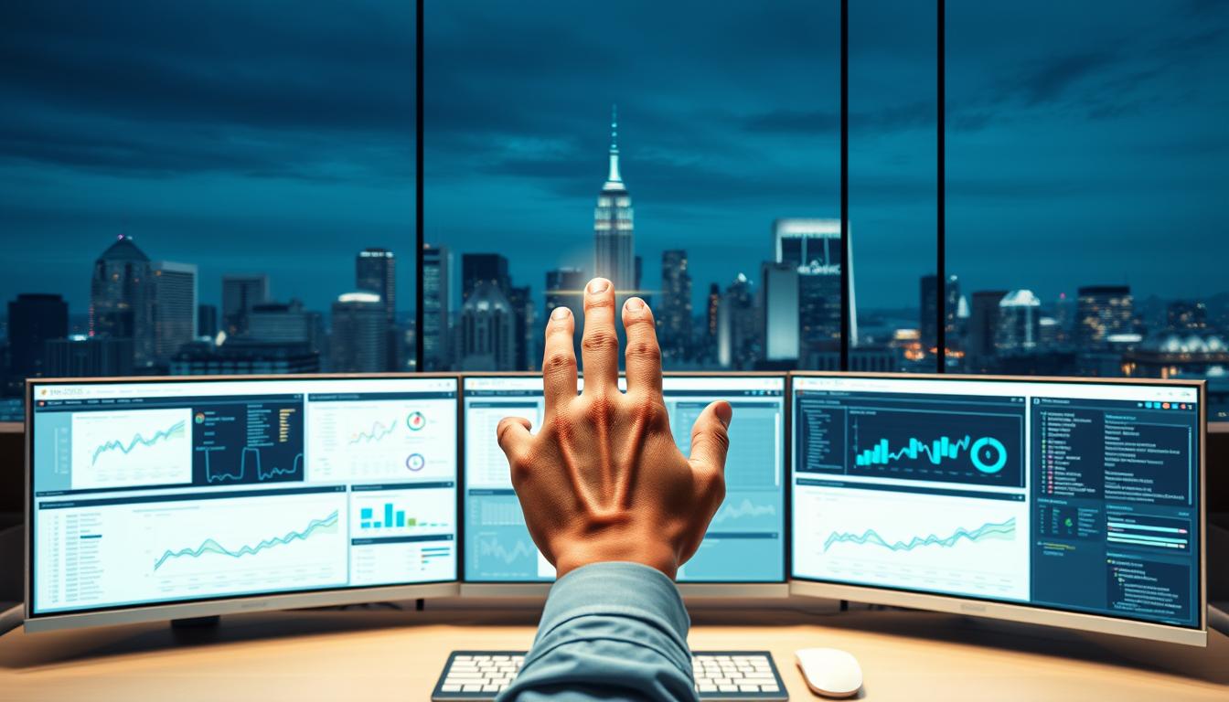 A neatly organized workspace with an array of SEO software tools and analytics dashboards displayed on multiple monitors. A professional hand hovers over a central control panel, navigating through various optimization suites. Soft, directional lighting casts a focused glow, creating a sense of productivity and precision. In the background, a cityscape with skyscrapers symbolizes the scale and importance of effective digital marketing strategies. The overall atmosphere conveys a comprehensive, high-level view of the group-buy SEO tools landscape.