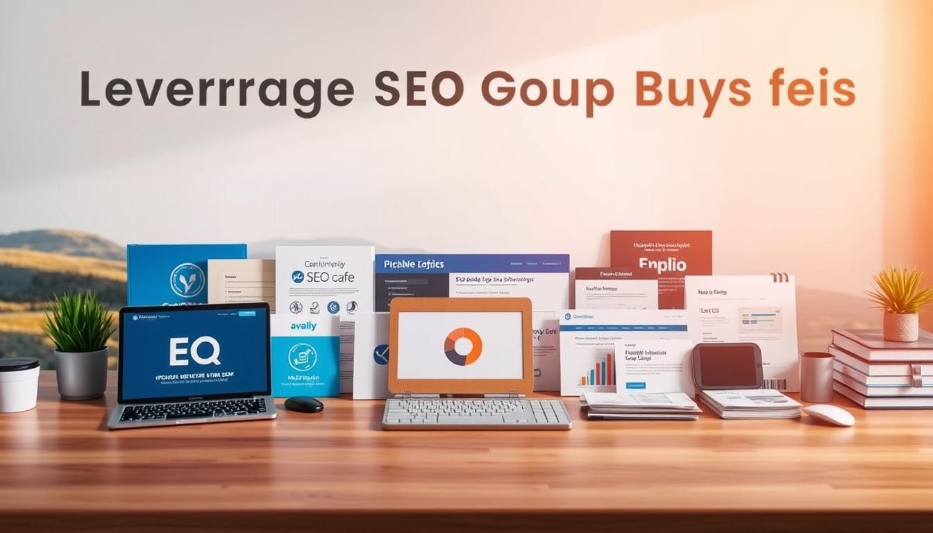 A neatly organized workspace with an array of affordable SEO tools prominently displayed on a wooden desk. The tools are arranged in a visually appealing manner, showcasing their various functionalities. The background features a soft, blurred landscape, hinting at the versatility of these tools in different environments. Warm, natural lighting illuminates the scene, creating a sense of approachability and accessibility. The overall composition conveys the idea of "Leveraging Group Buys for Affordable SEO Tools" - a practical and cost-effective solution for small businesses to enhance their online presence.
