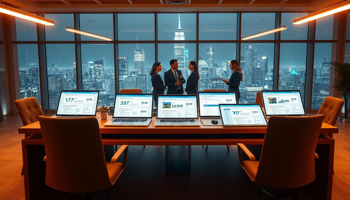 A neon-lit office scene with a central table showcasing an array of diverse SEO tools. In the foreground, sleek laptop displays present detailed pricing comparisons, while in the middle, professionals in business attire discuss the advantages of group buying. The background features a cityscape through expansive windows, bathed in a warm, productive atmosphere. Crisp lighting accentuates the tools' features, and a minimalist, modern design aesthetic permeates the space, conveying efficiency and cost-savings.