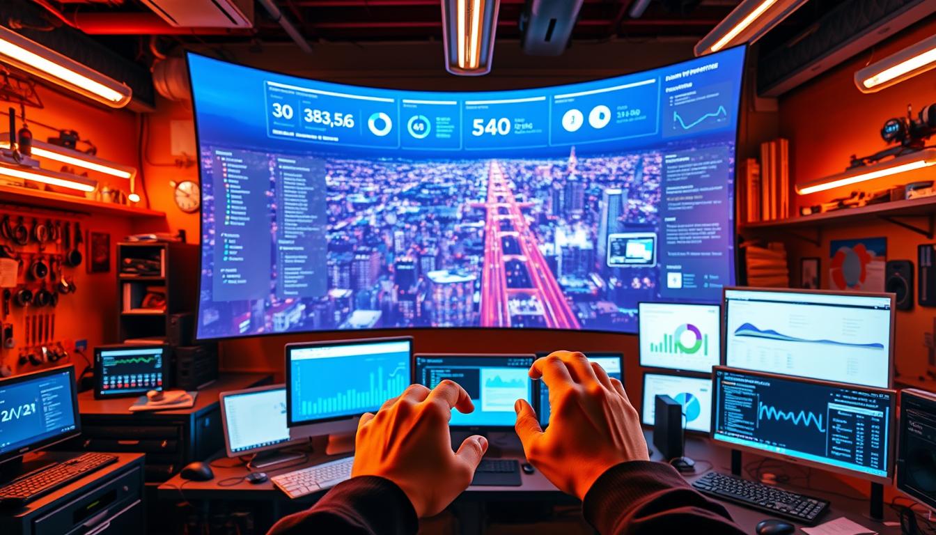 A neon-lit workshop filled with a diverse array of cutting-edge SEO tools, their sleek interfaces and interactive dashboards projected onto a large curved screen. In the foreground, a pair of hands expertly navigating the intuitive controls, while the background reveals a panoramic view of a bustling digital landscape, complete with data visualizations and algorithmic insights. Warm lighting casts a soft glow, creating an atmosphere of technological sophistication and productivity. The scene conveys the seamless integration of powerful SEO tools, empowering users to effortlessly analyze, optimize, and stay ahead of the digital marketing curve.