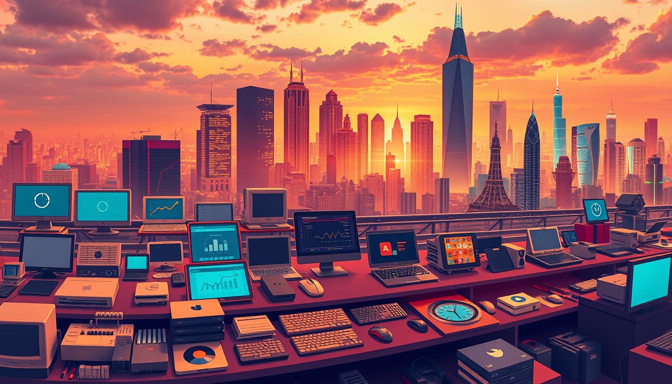 A panoramic, dynamic illustration showcasing the evolution of SEO tools and group buys. In the foreground, a diverse array of modern SEO software and services, each represented by sleek, minimalist icons. The middle ground features a timeline of key advancements, with vintage computer displays and graphs charting the rise of collaborative SEO tool acquisition. In the background, a futuristic cityscape with towering skyscrapers and glowing neon lights, symbolizing the ever-changing digital landscape. The scene is bathed in a warm, vibrant color palette, conveying a sense of progress and innovation. The overall composition captures the dynamic, collaborative nature of the SEO tools group buy ecosystem. Alt-text: Evolution of SEO tools group buy