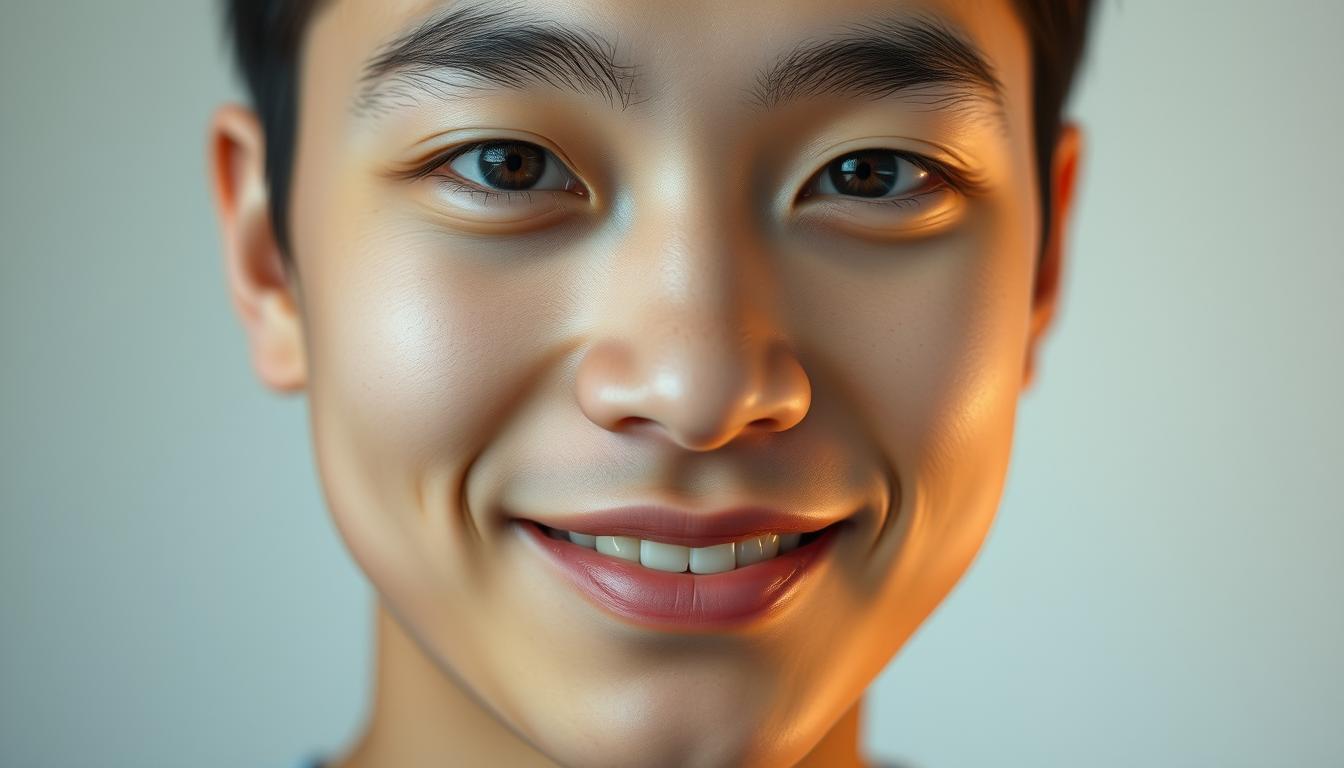 A photorealistic close-up of a young adult person's face, appearing to be a native speaker of a language. The subject's expression is natural and relaxed, with a slight hint of a warm, friendly smile. The lighting is soft and diffused, creating a pleasant, even illumination that accentuates the subject's features. The background is blurred, with a subtle, out-of-focus gradient that suggests a neutral, uncluttered setting. The image has a high level of detail, capturing the texture of the skin, the individual strands of hair, and the subtle nuances of the subject's expression, conveying a sense of authenticity and a "like native speaker" vibe.