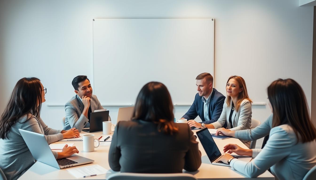 A professional conference room setting with a large whiteboard or projector screen in the background. In the foreground, a group of businesspeople sitting around a table, engaged in a lively discussion. The table is filled with laptops, documents, and coffee mugs, creating a sense of a collaborative work environment. The lighting is soft and warm, creating a pleasant atmosphere. The composition emphasizes the group dynamic, with the individuals' faces and gestures conveying the pros and cons of the discussion topic. The overall scene evokes a sense of thoughtful analysis and decision-making.