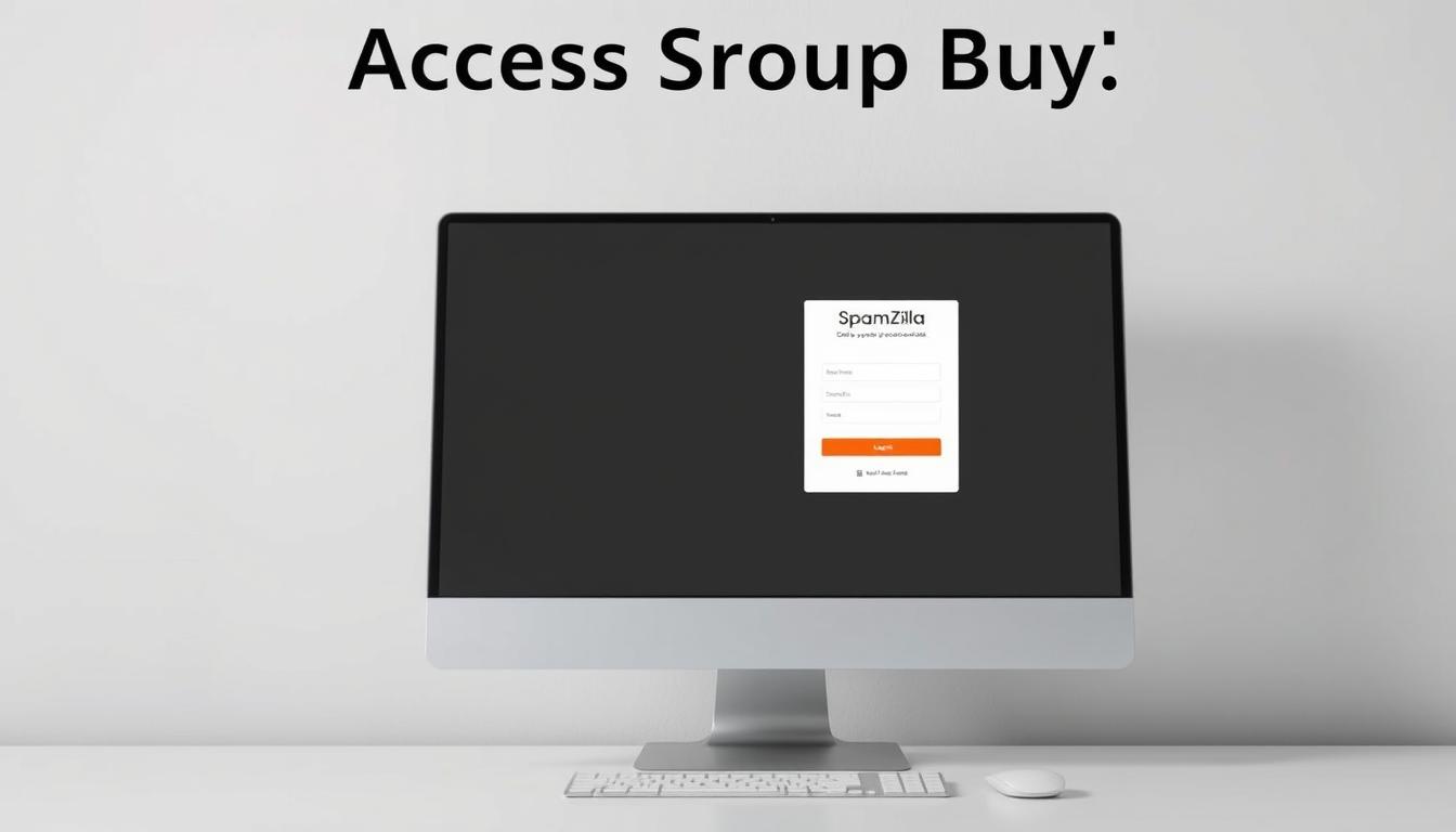 A professional-looking computer desktop with a prominent login window for an "Access Group Buy" platform. The desktop is set against a clean, minimalist background with soft lighting and a subtle vignette effect. The login window features a modern, sleek design with clear fields for entering credentials. The overall atmosphere conveys a sense of efficiency, security, and ease of use, suitable for a group buy platform. The image should capture the essence of quickly signing up and testing the "SpamZilla" service on Toolsurf.com.