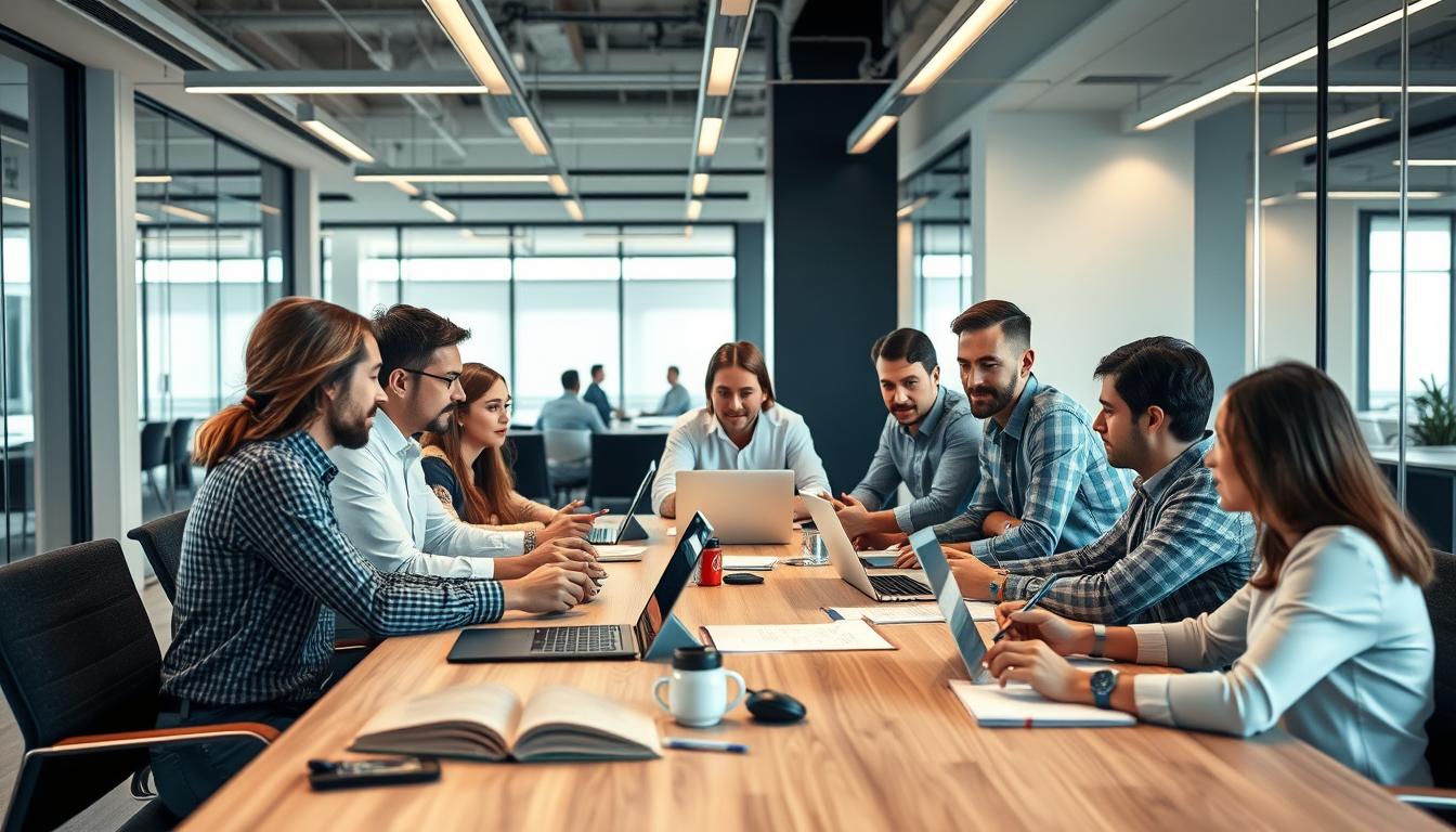 A professional, modern office setting with a group of individuals collaborating on a group buy project for SEO tools. The scene is well-lit with a combination of natural and soft artificial lighting, creating a warm and productive atmosphere. In the foreground, a diverse team of marketers, SEO specialists, and developers are gathered around a large conference table, discussing strategies and comparing features of different SEO tools. The middle ground showcases various laptops, tablets, and notepads, hinting at the research and analysis being conducted. In the background, a sleek, minimalist office environment with floor-to-ceiling windows provides a visually appealing backdrop. The overall mood is one of focused professionalism, with the group working together to find the best group buy solution for their SEO needs.