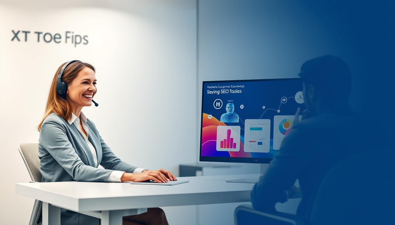 A professional office setting with a customer service agent assisting a client. The agent is seated at a modern, minimalist desk, their face warm and empathetic as they listen intently. The background is a serene, softly-lit environment, with subtle branding elements that convey trust and reliability. Vibrant, high-quality graphics depicting SEO tools are displayed on the agent's computer screen, highlighting the specialized expertise available. The overall atmosphere is one of efficiency, care, and a commitment to delivering exceptional customer support - key factors that reduce project risk.