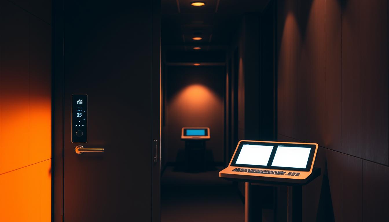 A secure access point, bathed in warm, soft lighting, stands prominently in the foreground. The door, made of reinforced steel, features a high-tech biometric scanner and keypad, guarding the entrance to a hallway shrouded in shadows. The walls are adorned with subtle, minimalist decor, conveying a sense of professionalism and privacy. In the middle ground, a sleek, modern security console monitors the access point, its display screens casting a soft, ambient glow. The background fades into a dimly lit, yet sophisticated interior, hinting at the importance and sensitivity of the secured space beyond.