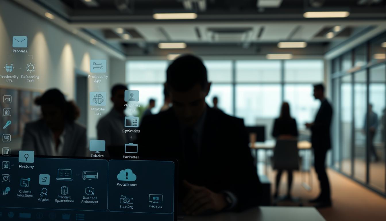 A secure collaborative workspace with multiple users accessing shared tools and resources. In the foreground, a sleek, minimalist user interface displays various productivity apps and file-sharing options. The middle ground features silhouettes of professionals in deep focus, their faces obscured to convey a sense of privacy and security. The background depicts a modern, well-lit office environment with clean lines, muted colors, and subtle lighting that creates a calming, professional atmosphere. The overall scene exudes a sense of efficiency, collaboration, and data protection.