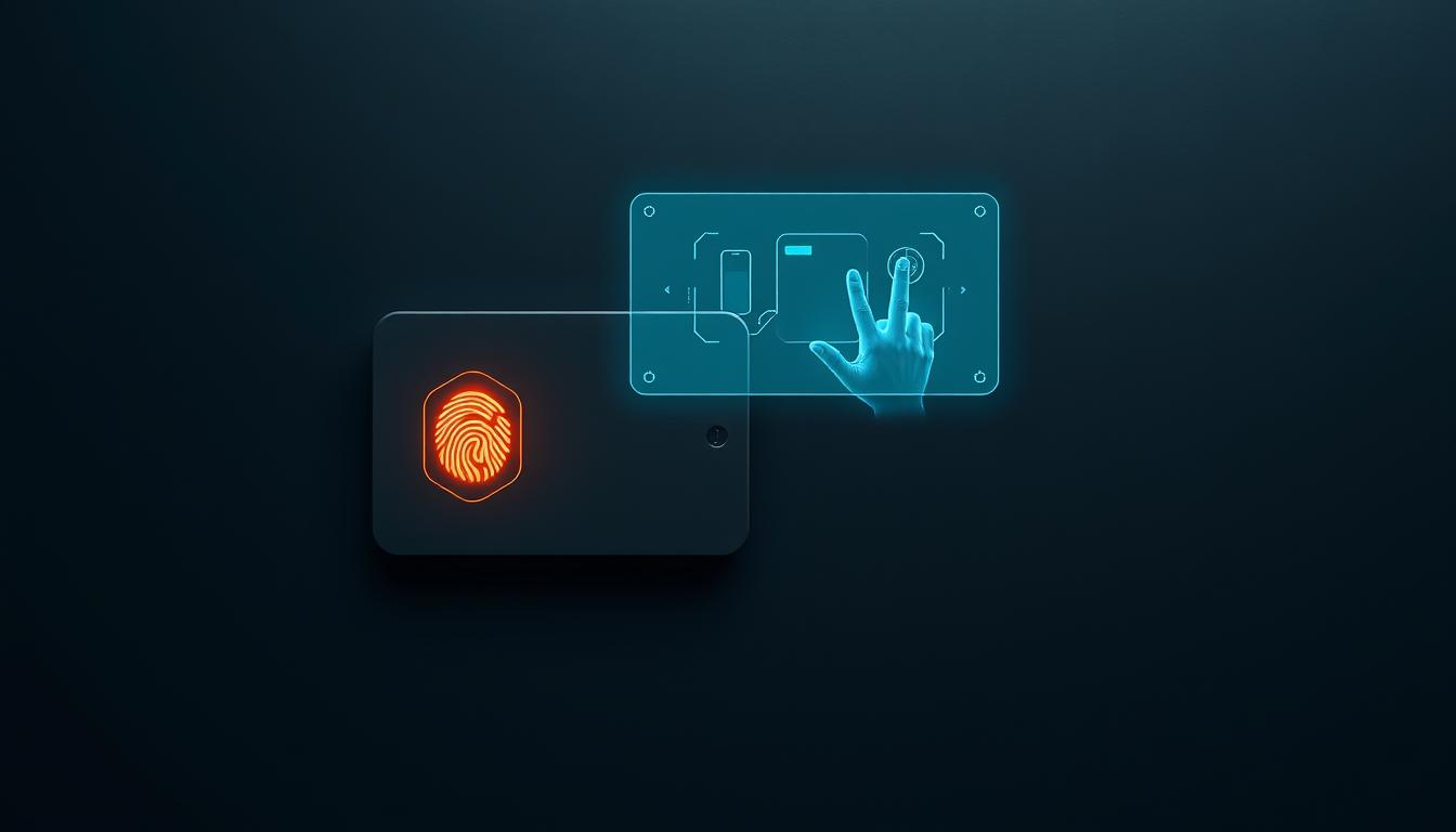 A secure, futuristic digital interface with seamless user access. A sleek, minimalist panel displays a biometric fingerprint scanner, glowing with a warm amber light. Behind it, a holographic control panel hovers, responsive to swift hand gestures. The background is a subdued, metallic gray, creating a sense of stability and strength. Directional lighting casts dramatic shadows, emphasizing the precise, architectural forms. The overall atmosphere conveys a feeling of advanced technology, efficiency, and uncompromising security.