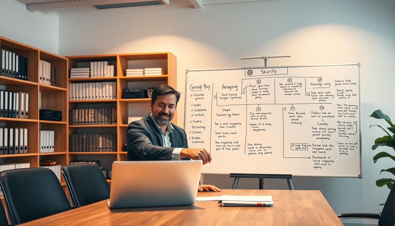 A secure group buy transaction taking place in a modern, well-lit office setting. In the foreground, two professionals are shaking hands over a laptop, finalizing an agreement. The middle ground features a large whiteboard displaying a clear workflow of the group buy process, with detailed steps and security measures. In the background, a bookshelf filled with reference materials and an array of network devices convey a sense of professionalism and technical expertise. Soft, directional lighting casts a warm, authoritative glow, reinforcing the secure and trustworthy atmosphere. The overall scene conveys a sense of confidence, transparency, and best practices for safe group buy transactions. Prompt