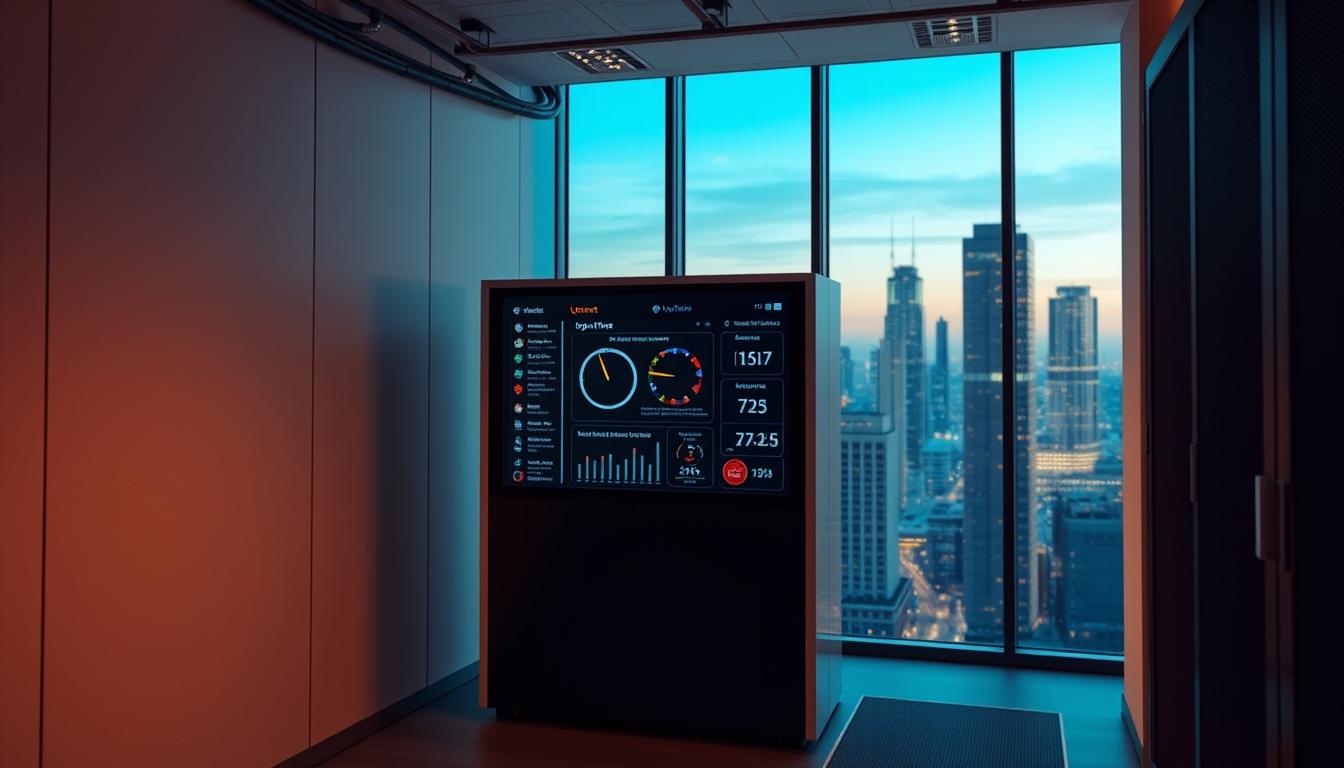 A secure, reliable server room with a state-of-the-art uptime monitoring system. The room is illuminated by soft, ambient lighting, creating a sense of assurance and stability. In the foreground, a network rack stands tall, its blinking lights conveying the steady flow of data. The middle ground features a sleek, modern control panel with real-time uptime statistics and alerts. In the background, a large window overlooks a bustling city skyline, symbolizing the unwavering connectivity and dependability of the system. The overall atmosphere exudes a feeling of confidence and trust, perfectly encapsulating the "Security, Uptime, and Customer Support You Can Rely On" section. "secure uptime guarantee"