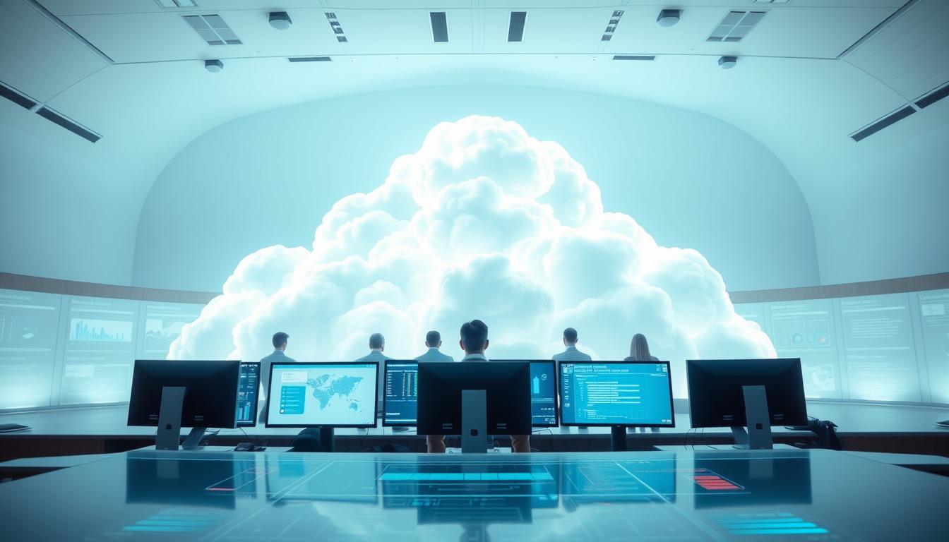 A serene cloud-based command center, illuminated by a soft, diffused light. In the foreground, a sleek, futuristic dashboard with real-time metrics and performance indicators for seamless 24/7 support. The middle ground features a team of experts monitoring multiple screens, their expressions focused and determined. In the background, an expansive, three-dimensional cloud infrastructure, symbolizing the scalable and reliable nature of the cloud-based services. The scene exudes a sense of efficiency, security, and unwavering commitment to customer support, perfectly capturing the "Benefits of Cloud-Based SEO Group Buy Services".