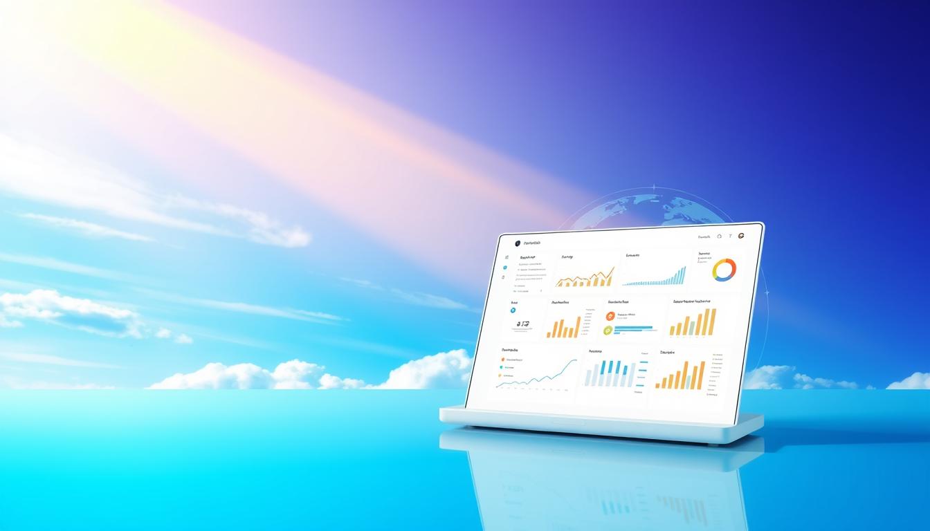 A serene, cloud-based platform with intuitive SEO tools, set against a vibrant, blue sky. In the foreground, a sleek, minimalist dashboard showcases a range of optimisation features, bathed in warm, natural lighting. The middle ground features a group of analytics charts and reports, presented with a clean, modern interface. In the background, a stylised globe symbolises the global reach and connectivity of this powerful, yet accessible SEO solution. The overall atmosphere exudes professionalism, efficiency, and a sense of effortless, cloud-based control over one's digital presence.