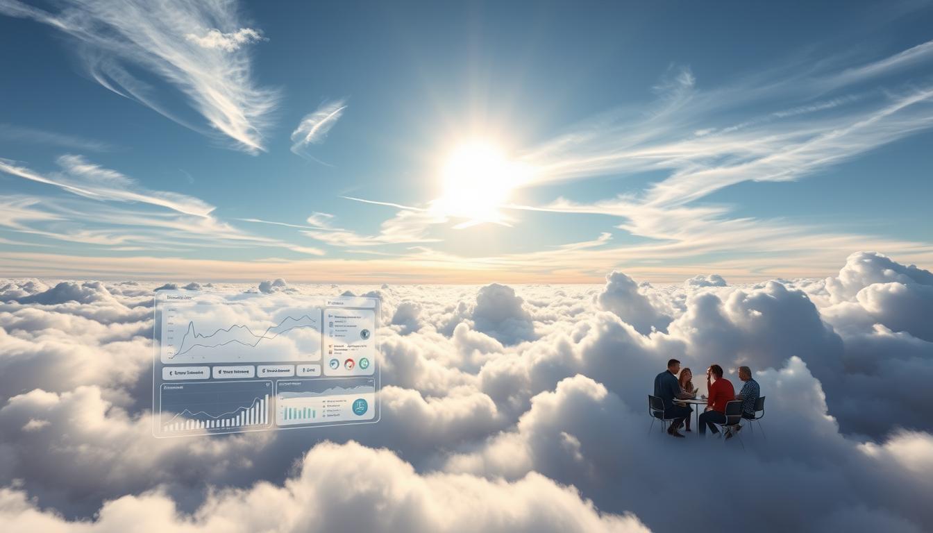 A serene cloud-covered sky, parting to reveal a sleek, modern platform floating amidst the ethereal landscape. Sunlight filters through wispy cirrus, casting a warm glow upon the intuitive user interface and minimalist design. Streamlined analytics dashboards and SEO optimization tools hover in the foreground, their data visualizations pulsing with insights. In the distance, a group of collaborators huddle around a table, discussing strategies to boost their online presence. The scene exudes a sense of technological elegance and innovative group-based solutions for Search Engine Optimization.