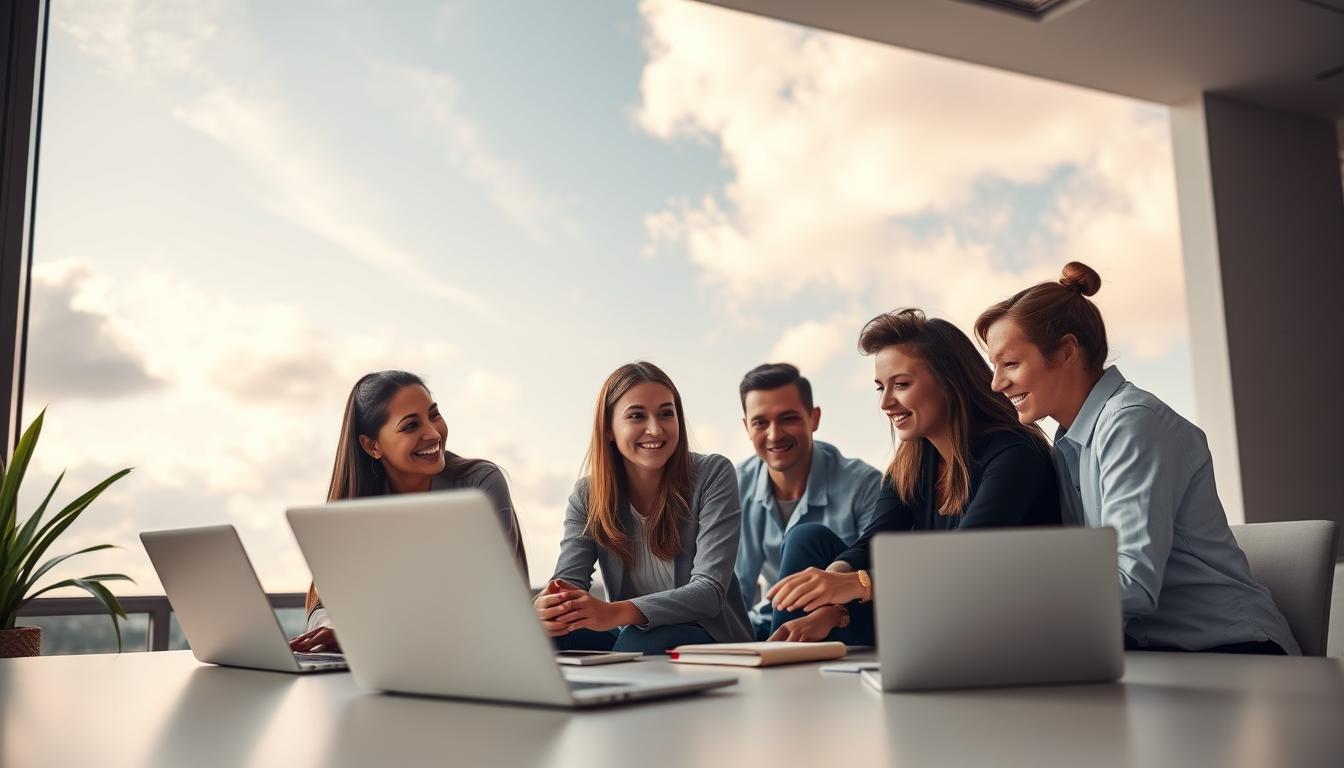 A serene, cloud-filled sky serves as the backdrop for a group of people collaborating on a laptop, showcasing the seamless integration of cloud-based tools. In the foreground, individuals exchange ideas and work together, their expressions reflecting the efficiency and convenience of cloud-based group buy services. The midground features a sleek, modern office setting, with clean lines and minimalist design elements, emphasizing the professional and organized nature of the scene. Warm, diffused lighting casts a soft glow, creating a comfortable and productive atmosphere. The overall composition conveys the advantages of cloud-based group buy services, highlighting their ability to facilitate collaborative workflows and cost-effective access to valuable tools. cloud-based group buy services