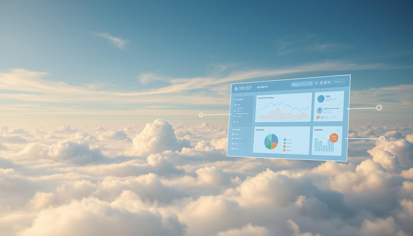 A serene, cloud-filled sky with a sleek, modern software dashboard floating in the foreground. The dashboard displays various SEO analytics and optimization tools, their icons and interfaces subtly glowing with a soft, ethereal light. In the middle ground, remote servers and data centers are visible, connected by flowing data streams. The background is hazy and dreamlike, with wispy clouds drifting lazily across the frame. The overall atmosphere is one of efficiency, innovation, and the seamless integration of technology and the natural world. Diffuse, warm lighting casts a gentle glow across the scene. cloud-based SEO tools
