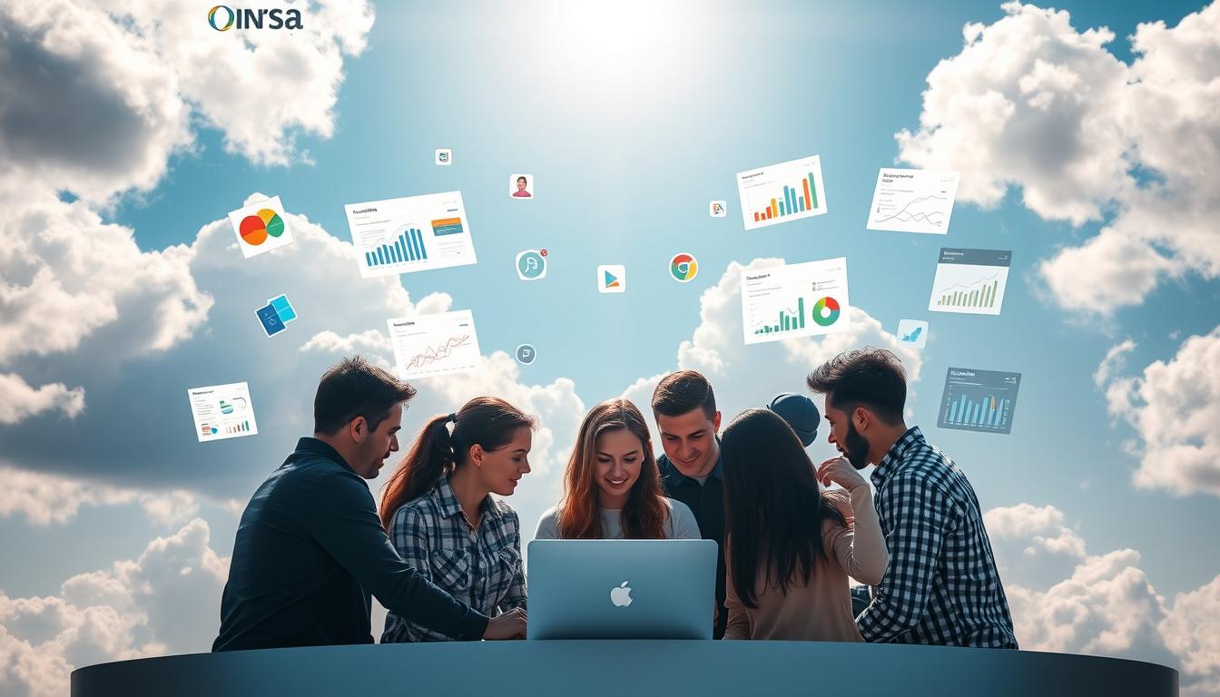 A serene, cloud-filled sky with sunlight peeking through, illuminating a group of diverse individuals collaborating on a digital platform, surrounded by various SEO tools and analytics dashboards floating in the air. The scene conveys a sense of efficiency, innovation, and seamless teamwork in a cloud-based, group-buying service for powerful SEO tools.