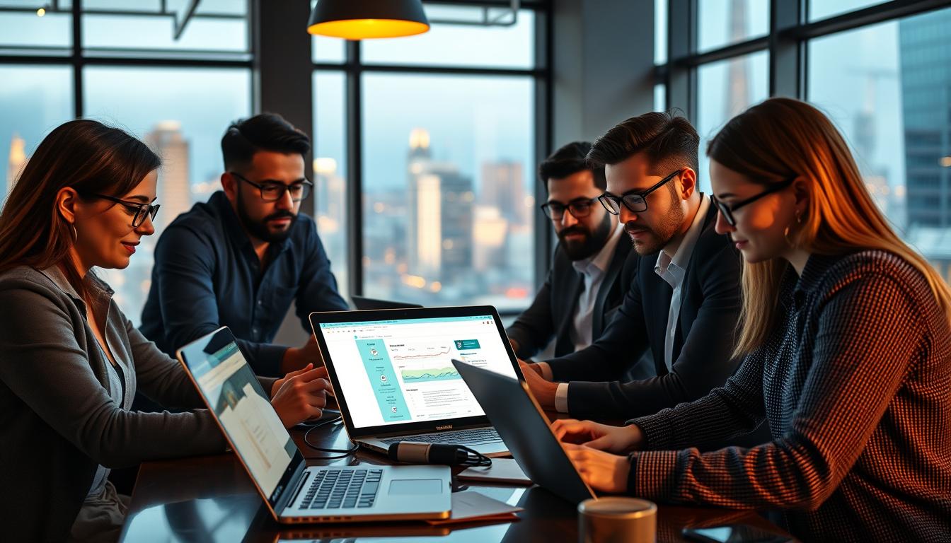 A serene group of professionals collaborating on a diverse array of cutting-edge SEO tools, their laptop screens illuminating a modern, well-appointed office. Warm lighting casts a cozy glow, while large windows offer a glimpse of a vibrant cityscape in the background. The team, dressed in smart casual attire, is deeply engaged, their faces reflecting thoughtful concentration as they analyze data and strategize. A sense of camaraderie and shared purpose permeates the scene, showcasing the power of group-sourced SEO solutions.
