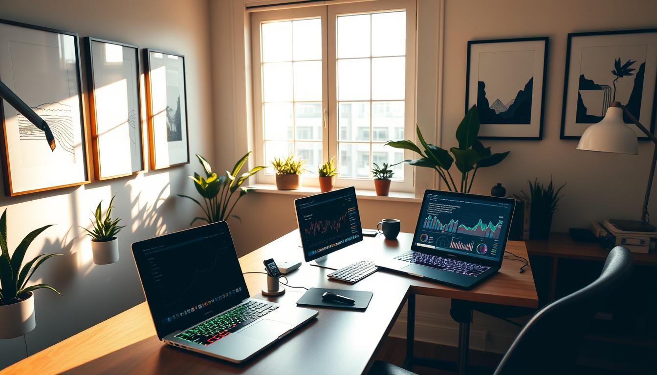 A serene home office setting, bathed in warm, natural lighting from a large window. On the desk, an array of affordable SEO tools - sleek laptops, colorful keyboards, and subtle digital displays showcasing key analytics. The walls are adorned with minimalist, monochrome artworks, creating a sense of sophistication. Potted plants and a stylish desk lamp lend a touch of greenery and ambiance. The overall atmosphere conveys productivity, efficiency, and a streamlined approach to optimizing search engine performance.