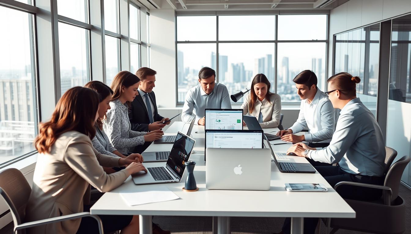 A serene office setting, illuminated by natural light filtering through large windows. In the foreground, a group of professionals gathered around a conference table, intently examining a variety of SEO tools and software displayed on their laptops and tablets. The middle ground features a sleek, modern workspace with minimalist decor and subtle branding, conveying a sense of professionalism and technological sophistication. In the background, a cityscape is visible, hinting at the broader digital landscape in which these tools operate. The overall mood is one of focused collaboration, as the team works together to leverage the power of these group-purchased SEO tools to maximize their digital edge. Prompt