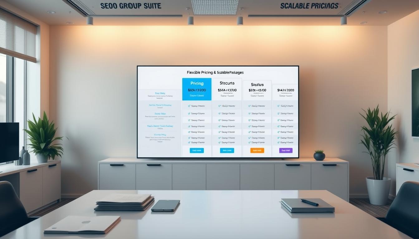 A serene office setting showcasing a comprehensive suite of SEO group buy pricing plans. In the foreground, a minimalist desk displays neatly arranged documents and a laptop, conveying a sense of professionalism. The middle ground features a large, modern display screen presenting tiered pricing options, each with clear and concise details. The background is filled with a warm, diffused lighting, creating a welcoming and informative atmosphere. The overall scene exudes a sense of transparency, flexibility, and scalability, perfectly capturing the essence of the "Flexible Pricing & Scalable Packages" section.
