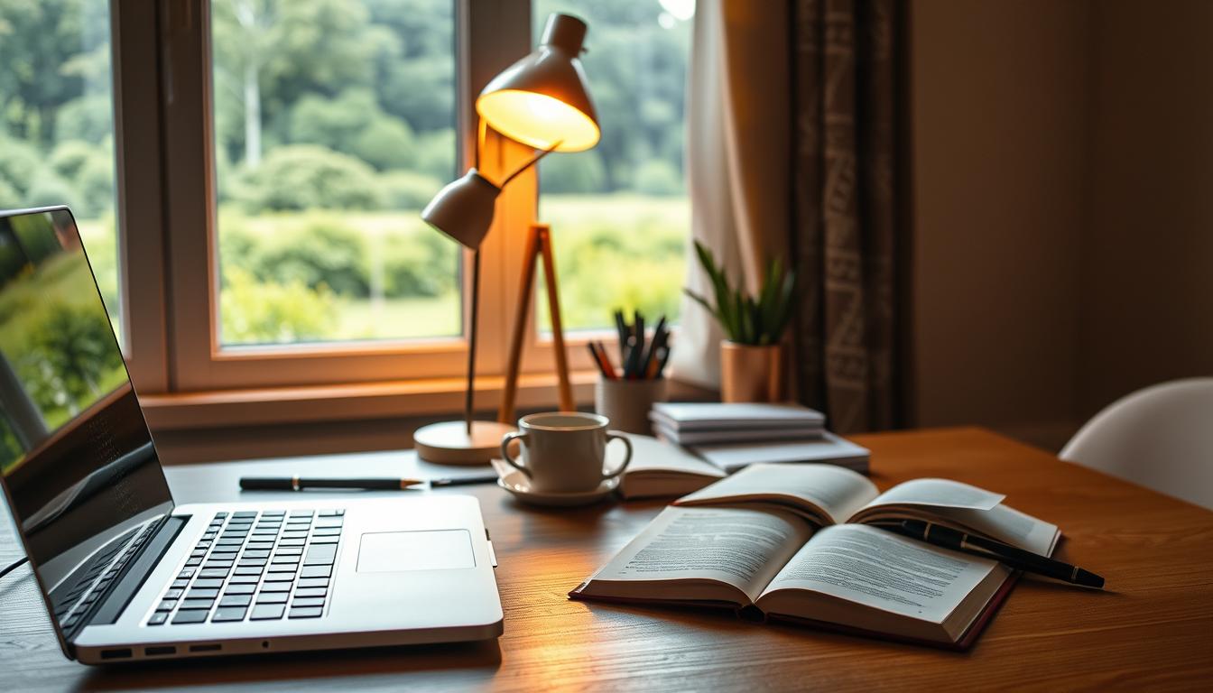 A serene, thoughtful workspace illuminated by warm, diffused lighting. In the foreground, a laptop and notebook, symbols of content optimization, are juxtaposed with an open book, hinting at the fusion of human expertise and AI-assisted writing. The middle ground features a carefully curated desk, with a stylish lamp, a mug of steaming coffee, and various office supplies, all arranged in a visually pleasing manner. In the background, a window overlooks a lush, green landscape, creating a sense of calm and inspiration. The overall atmosphere conveys a harmonious blend of technology and creativity, reflecting the "Content Optimization and AI Writing" theme.