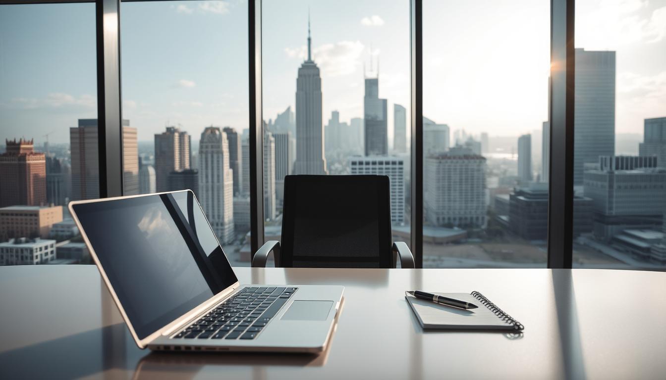 A serene, well-lit office space with a large, transparent glass window overlooking a bustling city skyline. The foreground features a sleek, modern desk with a laptop, pen, and a notepad, symbolizing digital access and productivity. The middle ground showcases a comfortable office chair, inviting the viewer to sit and engage with the digital tools. In the background, the cityscape beyond the glass window represents the broader world of knowledge, information, and professional opportunities accessible through the digital workspace. The lighting is soft and natural, creating a calming, productive atmosphere. The overall scene conveys a sense of transparent, supported, and stable access to digital resources.